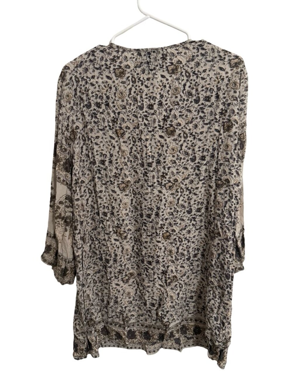Angie Tunic Top Medium Beige Floral Crinkle Rayon Boho Tassel Cottagecore Flowy - Picture 3 of 6